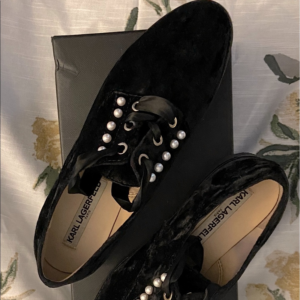 Karl Lagerfeld velvet pearl studded black loafer